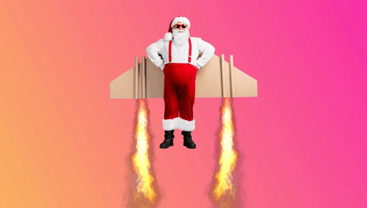 Santa Claus Pushing Gift. Merry Christmas and Happy New Year 2020