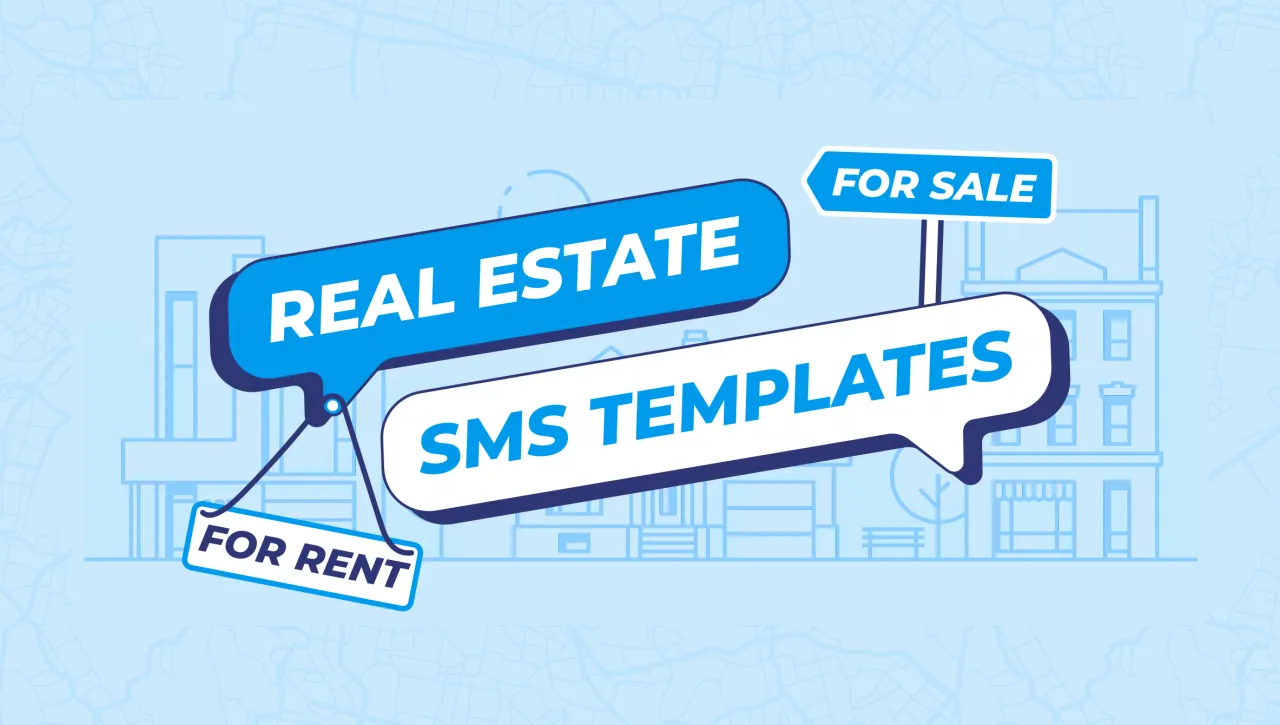 Real Estate SMS templates blue and white hero graphic with for sale and for rent signs