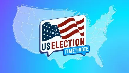 Political campaign text messaging hero image showing the map of the United States with 'US Election Time to Vote'